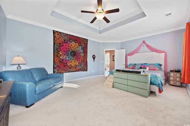 1112 Raven Cliff Ct, Conway, SC 29526 - bedroom with a tray ceiling, light colored carpet, crown molding, a ceiling fan, and baseboards
