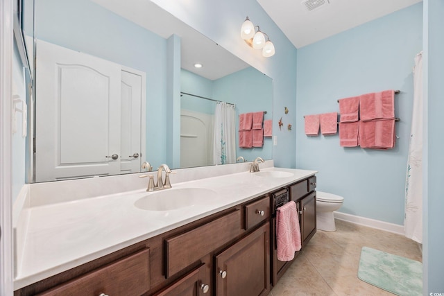 1112 Raven Cliff Ct, Conway, SC 29526 - bathroom with baseboards, double vanity, toilet, curtained shower, and tile patterned floors