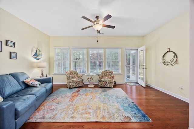 1112 Raven Cliff Ct, Conway, SC 29526 - living room featuring a ceiling fan, wood finished floors, and baseboards