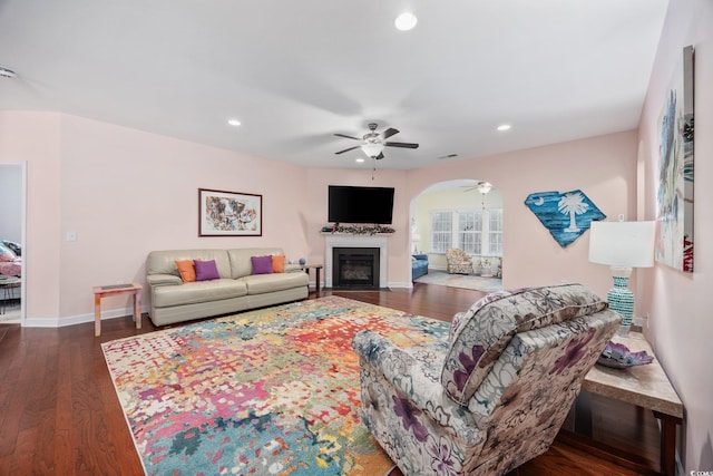 1112 Raven Cliff Ct, Conway, SC 29526 - living room with a ceiling fan, recessed lighting, wood finished floors, a glass covered fireplace, and baseboards