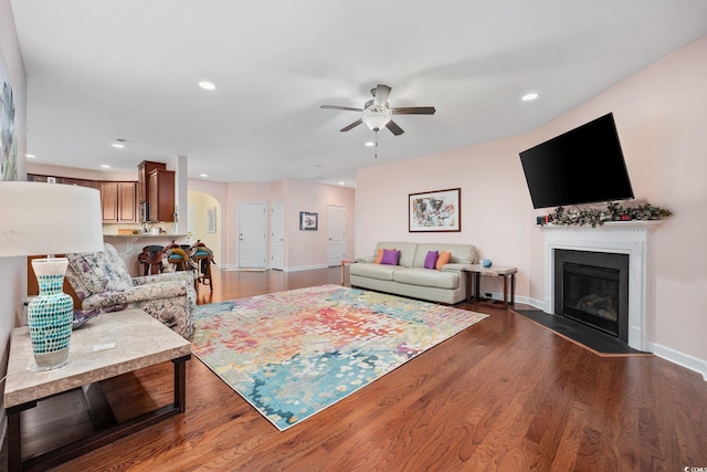 1112 Raven Cliff Ct, Conway, SC 29526 - living area with a ceiling fan, recessed lighting, a fireplace with flush hearth, baseboards, and dark wood-style floors