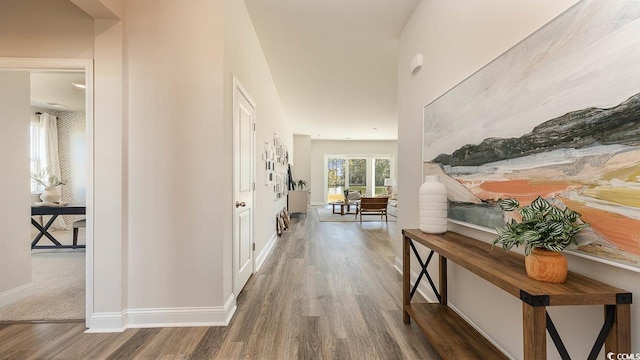 corridor featuring wood finished floors and baseboards