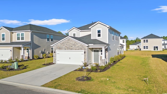 traditional-style home featuring stone siding, a front yard, concrete driveway, and an attached garage