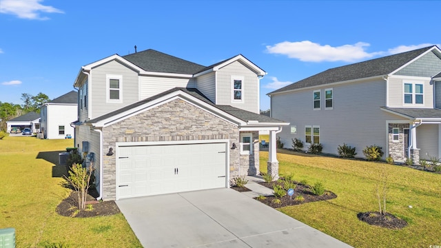 view of front of home with stone siding, concrete driveway, and a front lawn