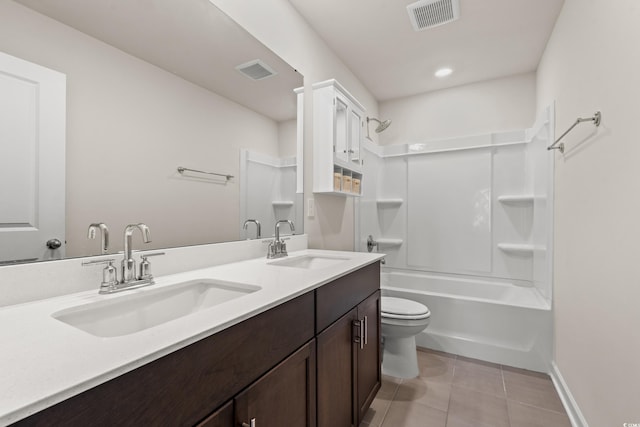 bathroom with tile patterned floors, double vanity, toilet, shower / bathtub combination, and baseboards
