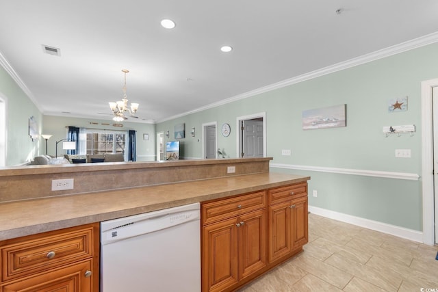 4141 Hibiscus Dr Unit 201, Little River, SC 29566 - kitchen with dishwasher, a chandelier, crown molding, brown cabinetry, and open floor plan