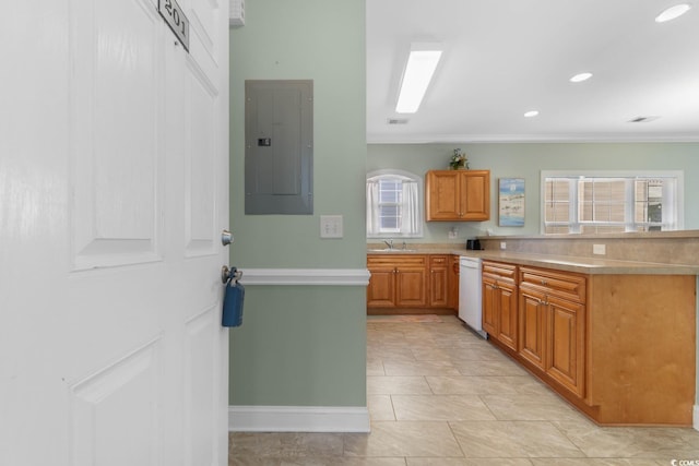 4141 Hibiscus Dr Unit 201, Little River, SC 29566 - kitchen featuring electric panel, white dishwasher, crown molding, light countertops, and baseboards