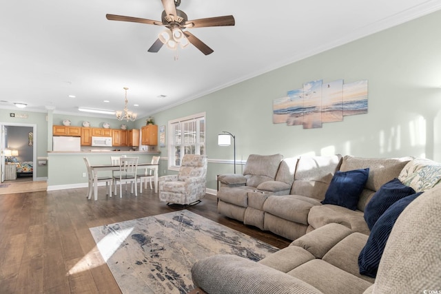 4141 Hibiscus Dr Unit 201, Little River, SC 29566 - living room with crown molding, hardwood / wood-style flooring, a chandelier, baseboards, and ceiling fan