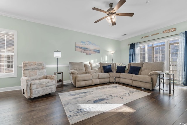 4141 Hibiscus Dr Unit 201, Little River, SC 29566 - living room featuring plenty of natural light, crown molding, dark wood-style flooring, ceiling fan, and baseboards