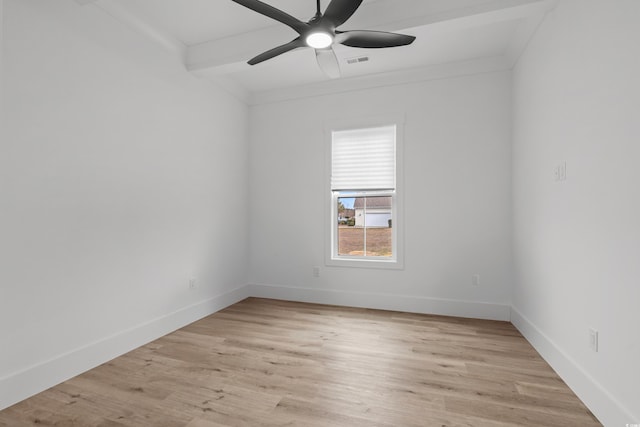 empty room with a ceiling fan, baseboards, and light wood-style flooring