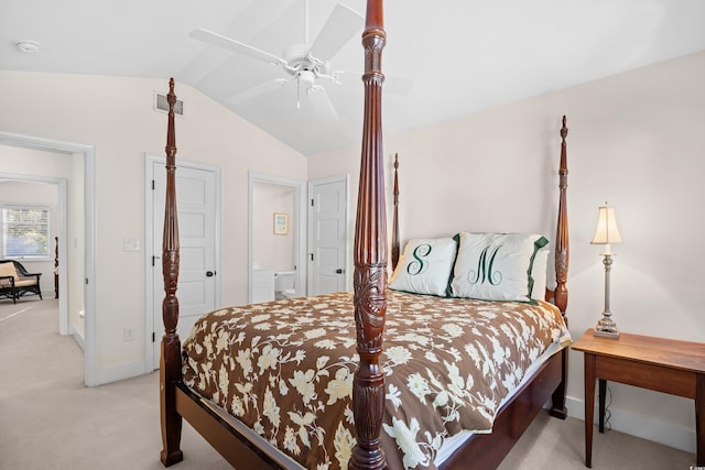 bedroom featuring light carpet, baseboards, vaulted ceiling, and visible vents