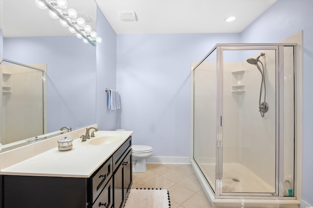 bathroom with baseboards, toilet, a shower stall, vanity, and tile patterned flooring