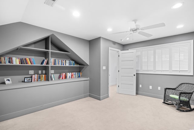 living area featuring carpet floors, ceiling fan, recessed lighting, and baseboards