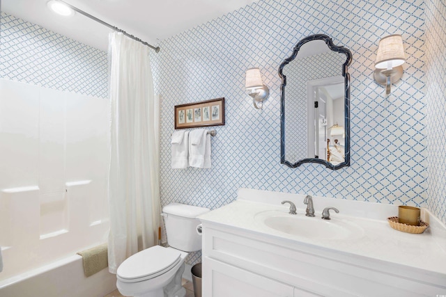 full bath with toilet, vanity, and shower / tub combo with curtain