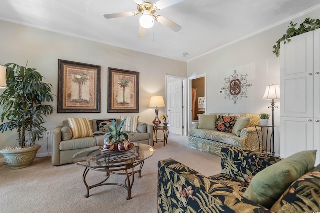 9764 Leyland Dr Unit 9764 5, Myrtle Beach, SC 29572 - carpeted living room featuring ceiling fan, baseboards, and ornamental molding
