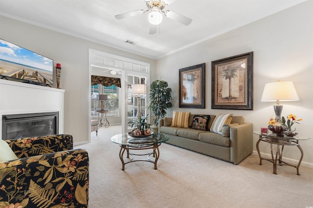 9764 Leyland Dr Unit 9764 5, Myrtle Beach, SC 29572 - living room featuring visible vents, carpet flooring, a ceiling fan, baseboards, and a glass covered fireplace