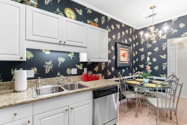 9764 Leyland Dr Unit 9764 5, Myrtle Beach, SC 29572 - kitchen featuring a sink, crown molding, white cabinetry, stainless steel dishwasher, and visible vents