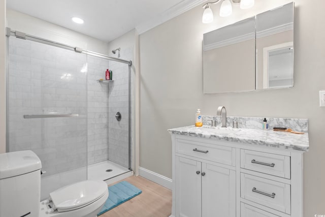 1136 Knotty Branch Rd, Conway, SC 29527 - full bathroom featuring toilet, a shower stall, vanity, wood finished floors, and crown molding