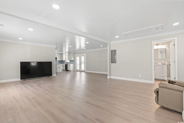 1136 Knotty Branch Rd, Conway, SC 29527 - living room with attic access, electric panel, light wood finished floors, recessed lighting, and baseboards