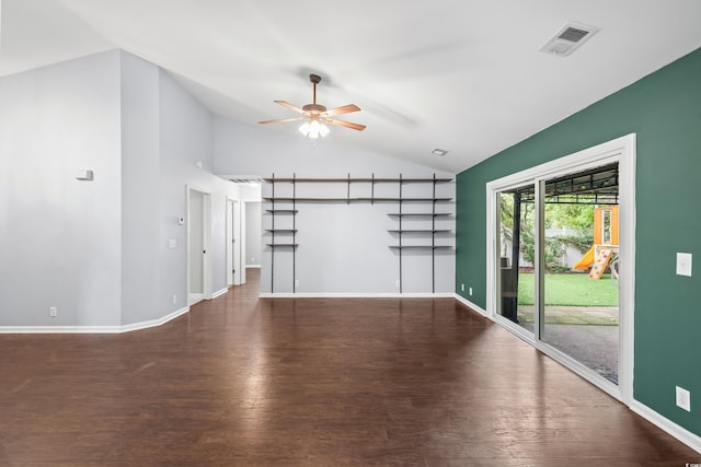 4195 Wrens Xing, Little River, SC 29566 - unfurnished living room with lofted ceiling, a ceiling fan, wood finished floors, and baseboards