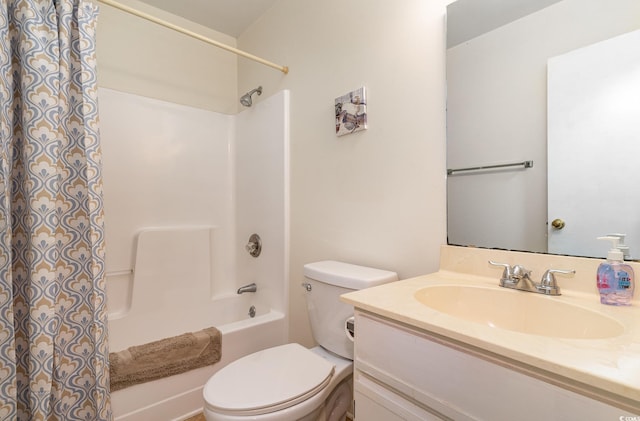full bath with toilet, shower / bath combination with curtain, and vanity