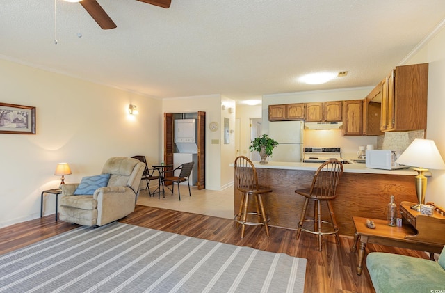 kitchen with freestanding refrigerator, a peninsula, stacked washer / dryer, under cabinet range hood, and electric stove