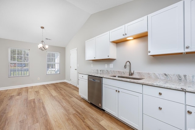 kitchen featuring a sink, white cabinetry, dishwasher, and vaulted ceiling
