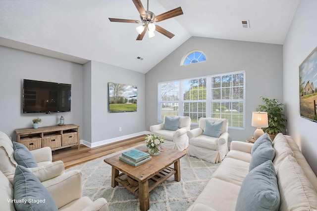 living area featuring visible vents, light wood-style flooring, ceiling fan, and baseboards