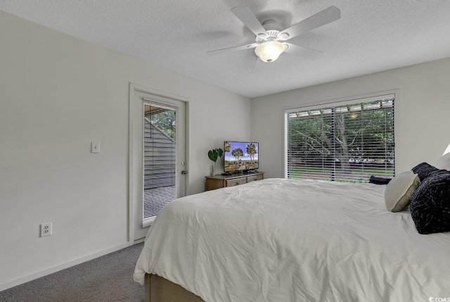 118 Hartland Dr Unit 12-C, Myrtle Beach, SC 29572 - carpeted bedroom featuring multiple windows, a textured ceiling, a ceiling fan, and access to exterior