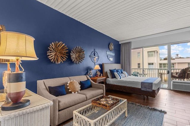 6803 N Ocean Blvd Unit 203, Myrtle Beach, SC 29572 - bedroom featuring access to outside, wood-type flooring, and wooden ceiling