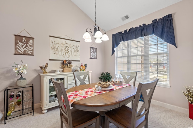 542 Sand Ridge Rd, Conway, SC 29526 - dining room with a chandelier, light carpet, plenty of natural light, baseboards, and high vaulted ceiling