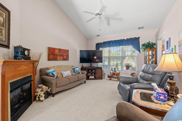 542 Sand Ridge Rd, Conway, SC 29526 - living room with carpet floors, ceiling fan, high vaulted ceiling, and a fireplace