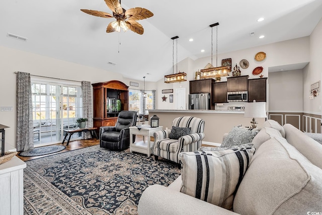 508 Loblolly Ln, Loris, SC 29569 - living area with a ceiling fan, plenty of natural light, wood finished floors, recessed lighting, and high vaulted ceiling