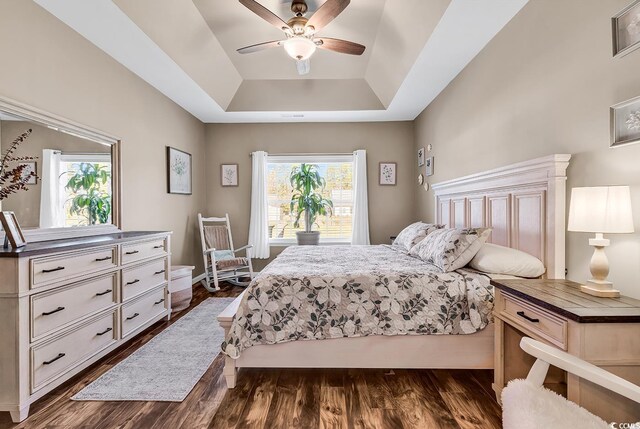 508 Loblolly Ln, Loris, SC 29569 - bedroom featuring a raised ceiling, multiple windows, and dark wood-style floors
