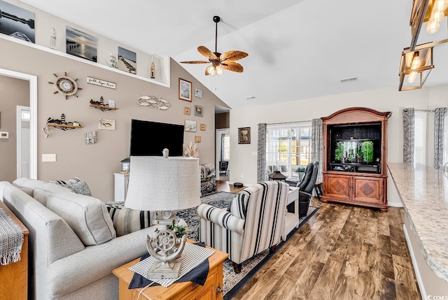508 Loblolly Ln, Loris, SC 29569 - living room featuring a ceiling fan, wood finished floors, and high vaulted ceiling