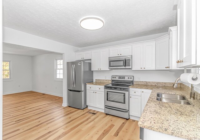 kitchen featuring stainless steel appliances, plenty of natural light, light wood-style flooring, and a sink