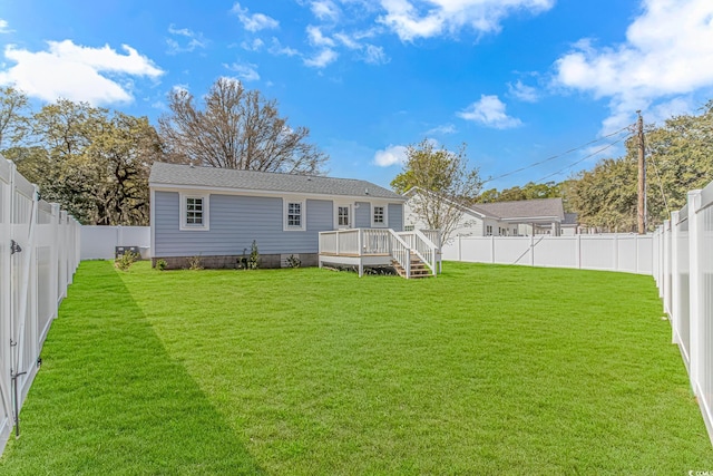 rear view of property featuring a fenced backyard, a wooden deck, a lawn, and roof with shingles