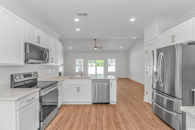 kitchen with a sink, appliances with stainless steel finishes, a ceiling fan, a peninsula, and light wood-style flooring