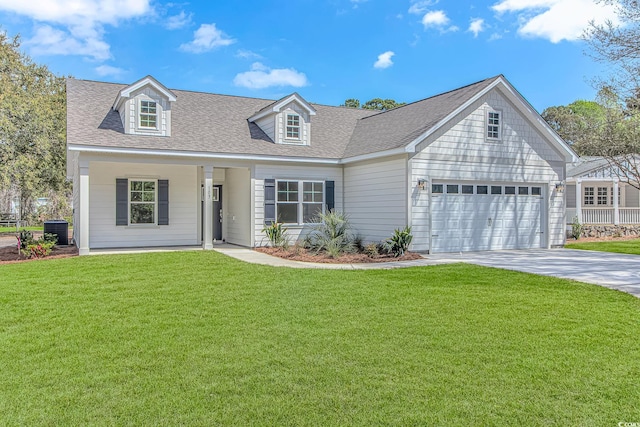 cape cod-style house with roof with shingles, driveway, cooling unit, a front yard, and a garage