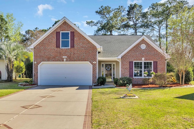 308 Dendy Ct, Myrtle Beach, SC 29579 - traditional-style house featuring brick siding, a front yard, driveway, and an attached garage