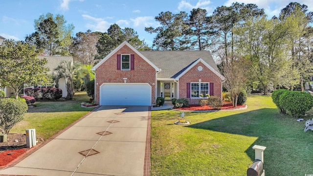 308 Dendy Ct, Myrtle Beach, SC 29579 - traditional-style house with brick siding, driveway, a garage, and a front yard