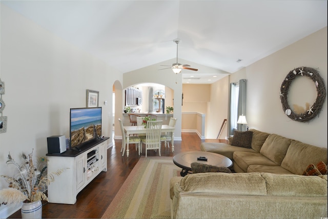 408 7th Ave S, North Myrtle Beach, SC 29582 - living area with arched walkways, ceiling fan, dark wood-style flooring, and vaulted ceiling