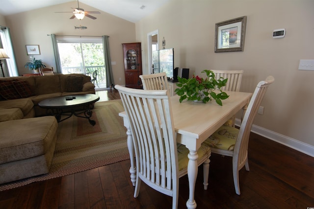 408 7th Ave S, North Myrtle Beach, SC 29582 - dining area featuring hardwood / wood-style flooring, ceiling fan, and lofted ceiling