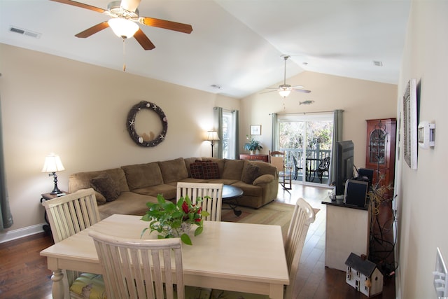 408 7th Ave S, North Myrtle Beach, SC 29582 - dining area with a ceiling fan, vaulted ceiling, and hardwood / wood-style floors