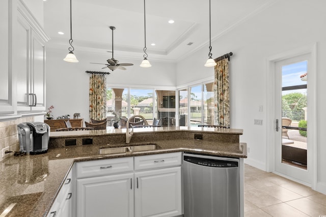 7268 Seville Dr, Myrtle Beach, SC 29572 - kitchen featuring dishwasher, a sink, ornamental molding, white cabinetry, and a ceiling fan