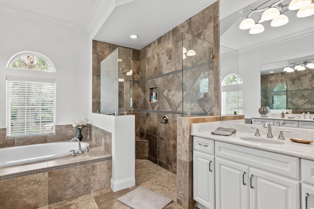 7268 Seville Dr, Myrtle Beach, SC 29572 - bathroom featuring ornamental molding, a walk in shower, and healthy amount of natural light