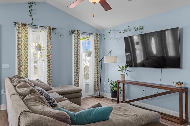 1524 Stilley Cir, Conway, SC 29526 - living room with lofted ceiling, wood finished floors, baseboards, and ceiling fan