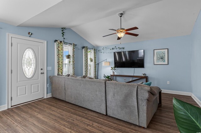 1524 Stilley Cir, Conway, SC 29526 - living area with vaulted ceiling, wood finished floors, baseboards, and ceiling fan