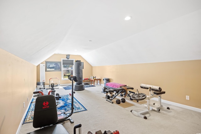 game room featuring baseboards, lofted ceiling, and carpet floors
