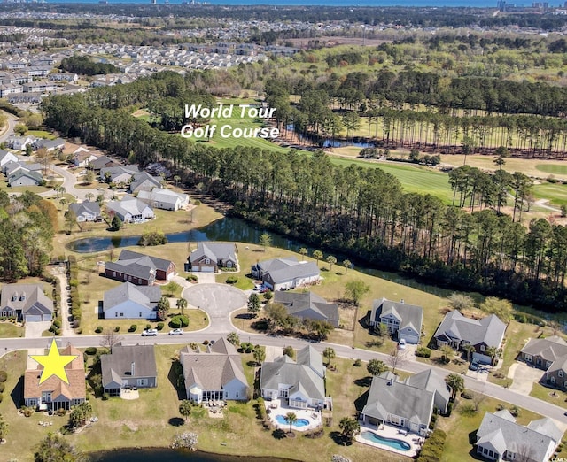 aerial view featuring a water view and a residential view